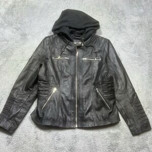 Real‎ Leather Jacket Women's L Black Removeable Hood Rider Full Zip Motorcycle